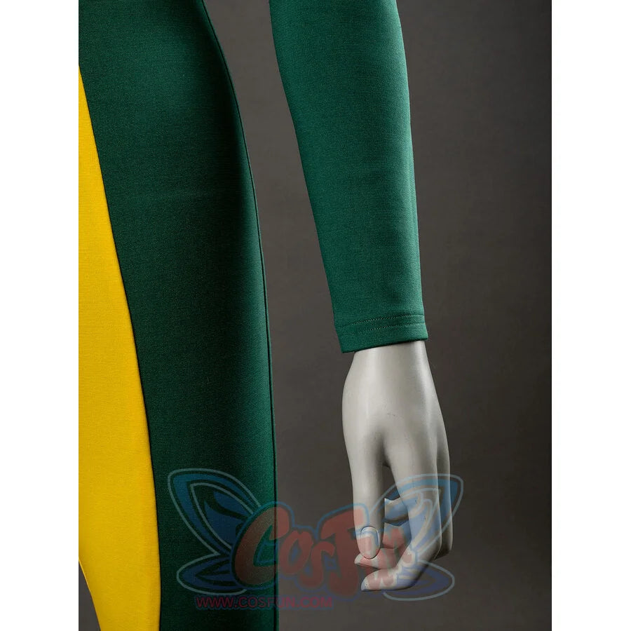 Comic Rogue Anna Marie cosplay bodysuit balances a yellow front panel against dark green fabric on the torso and leg.