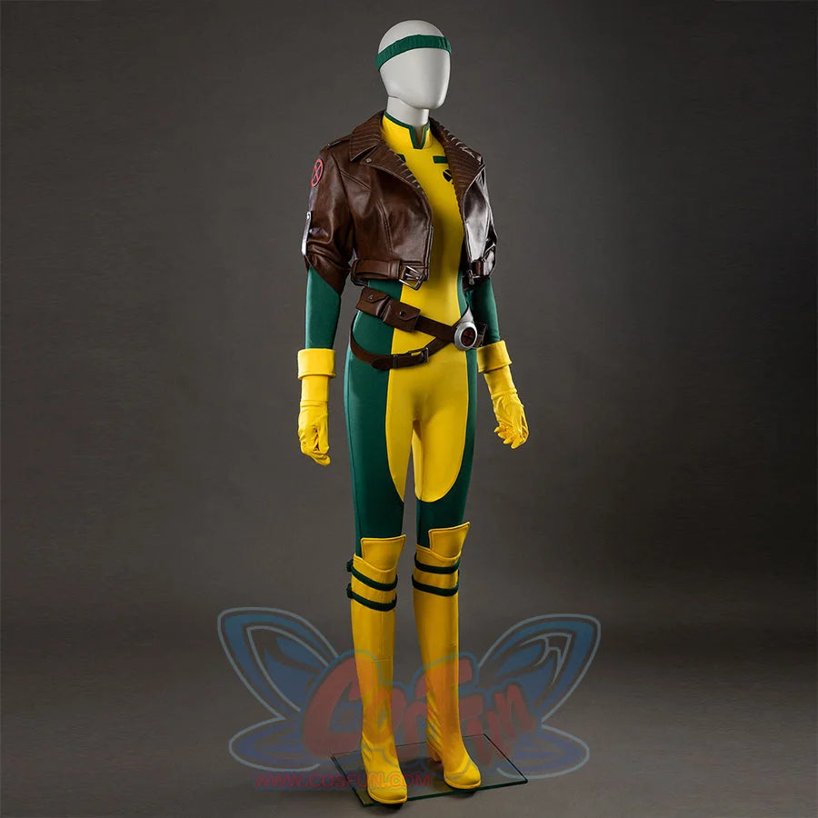 Rogue cosplay side view displaying brown leather jacket, yellow and green bodysuit, yellow boots