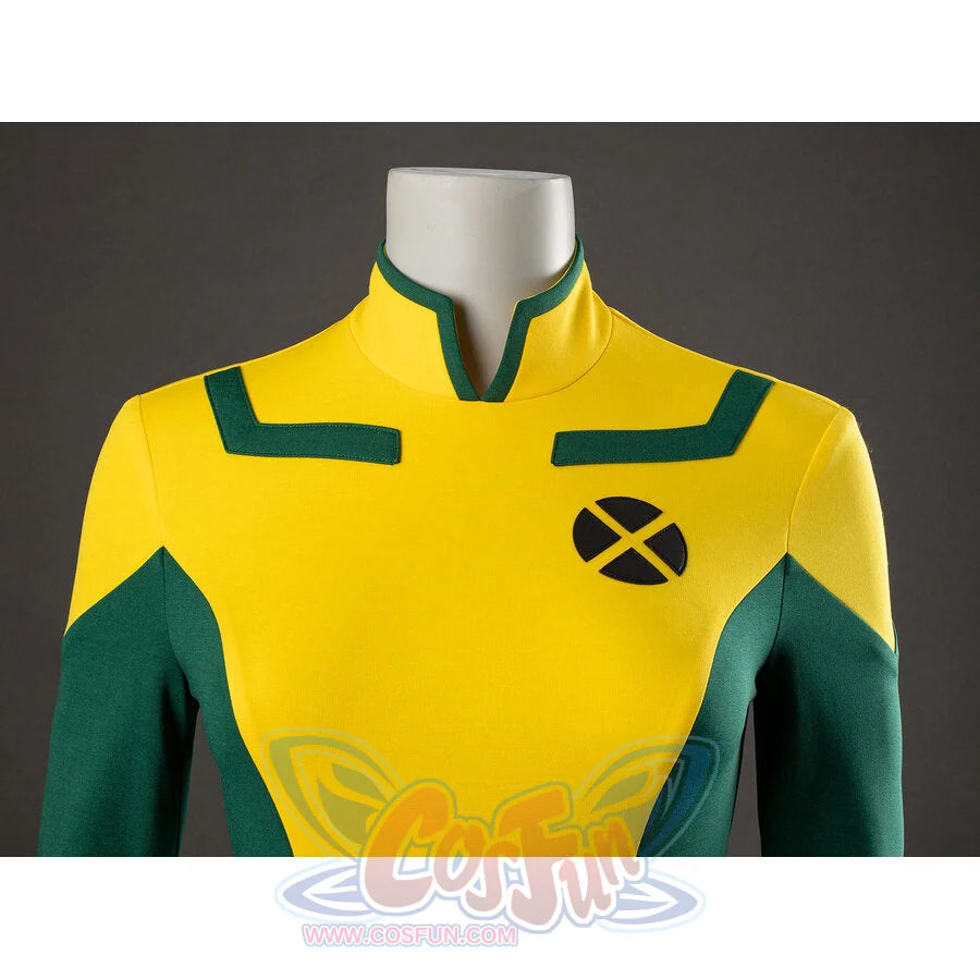Comic Rogue Anna Marie cosplay bodysuit frames a chest patch on a green-trimmed raised-collar yellow-green tunic.