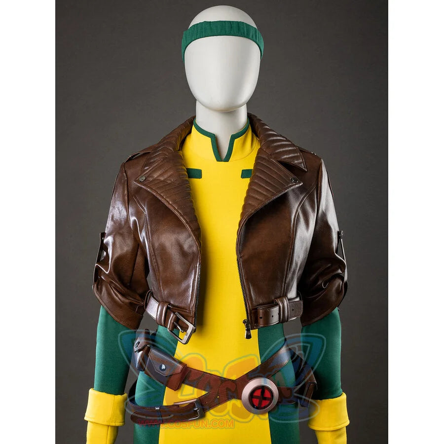 Rogue cosplay closeup of brown leather jacket, yellow bodysuit, headband, and belt buckle detail
