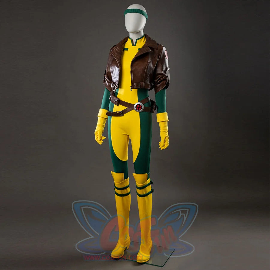 Comic Rogue Anna Marie cosplay costume pairs a brown bomber jacket over a yellow-green jumpsuit with utility belts.