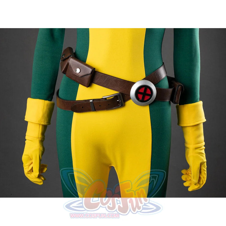 Comic Rogue Anna Marie cosplay costume anchors a brown utility belt over a yellow-green jumpsuit with cuffed gloves.