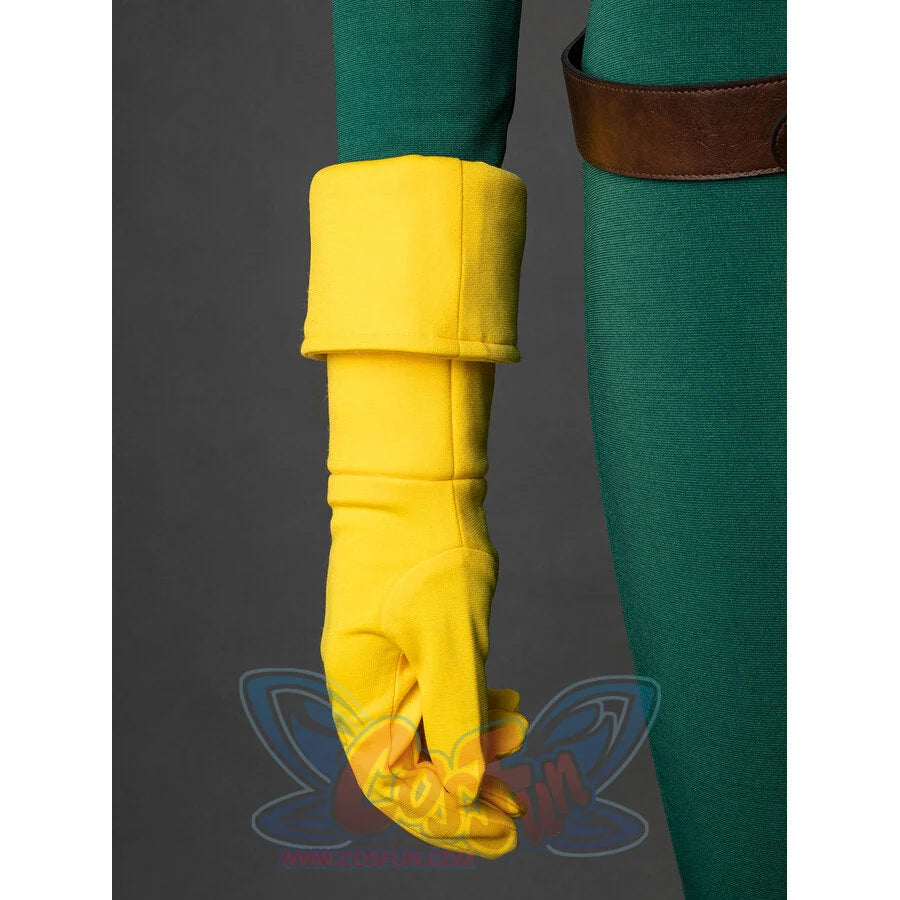 Rogue cosplay yellow glove closeup showing fabric texture with green bodysuit and brown cuff