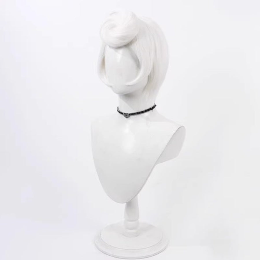 Hazbin Hotel Rosie cosplay wig, short silver hair, back view of updo hairstyle on a white mannequin