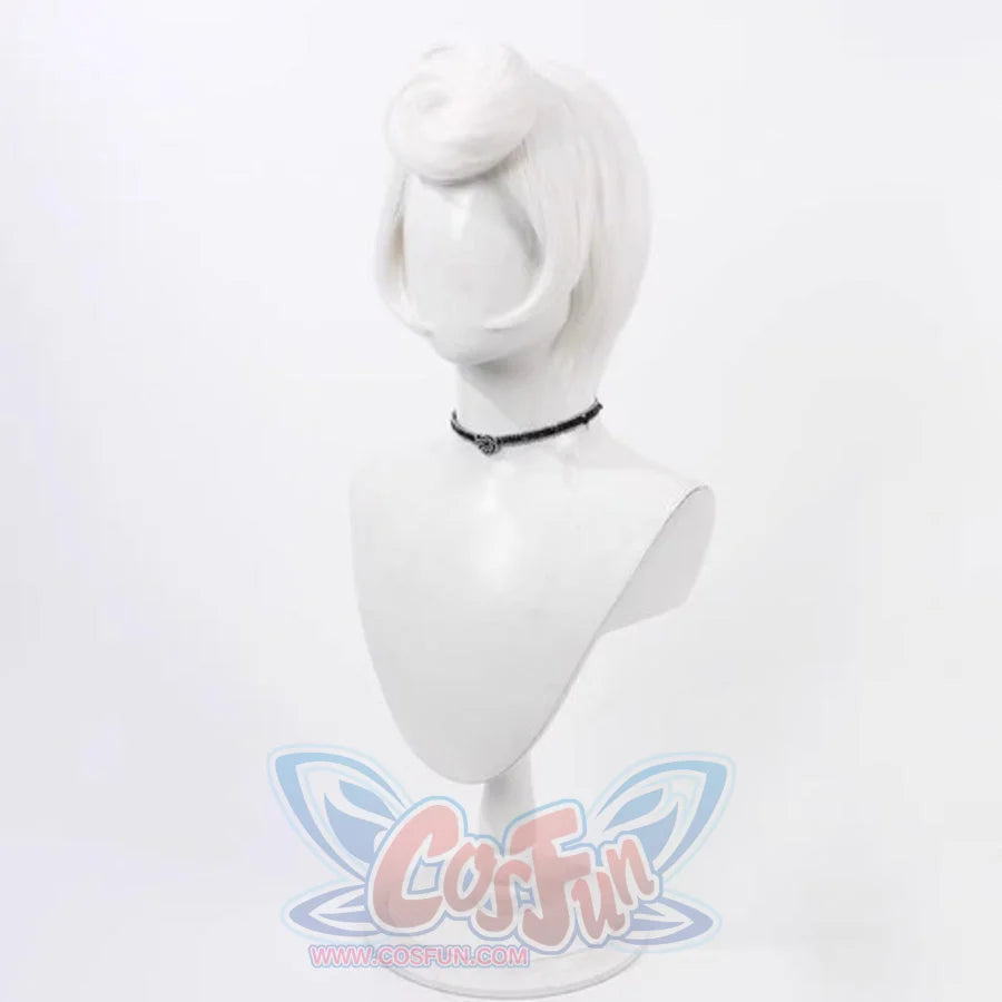 Hazbin Hotel Rosie cosplay wig, short silver hair, back view of updo hairstyle on a white mannequin