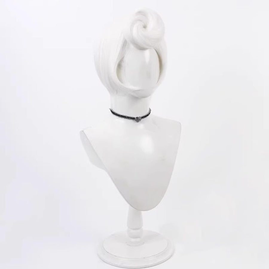 Hazbin Hotel Rosie cosplay wig, short silver hair, side view showing updo style on a mannequin