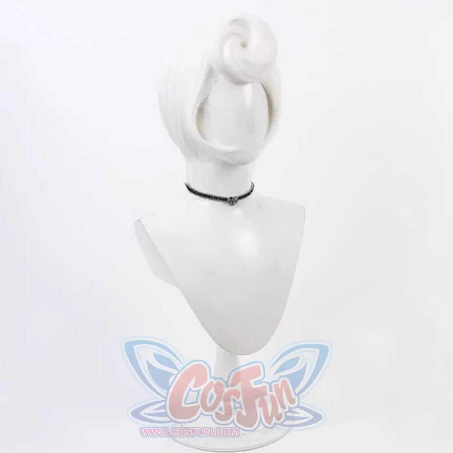 Hazbin Hotel Rosie cosplay wig, short silver hair, side view showing updo style on a mannequin