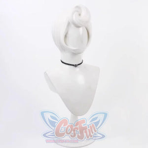 Hazbin Hotel Rosie cosplay wig, short silver hair, side view showing updo style on a mannequin