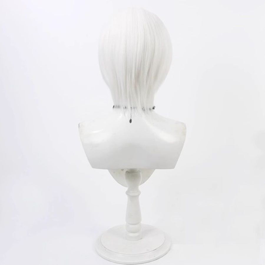 Hazbin Hotel Rosie cosplay wig, short straight silver hair shown from the back on a mannequin