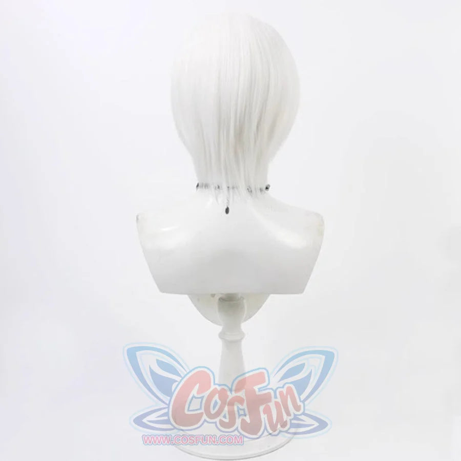 Hazbin Hotel Rosie cosplay wig, short straight silver hair shown from the back on a mannequin