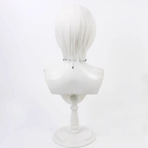 Hazbin Hotel Rosie cosplay wig, short straight silver hair shown from the back on a mannequin