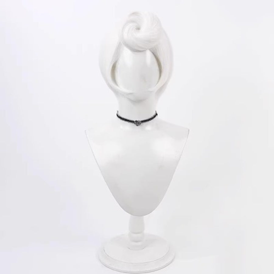 Hazbin Hotel Rosie cosplay wig, short silver hair styled in an updo, on a white mannequin