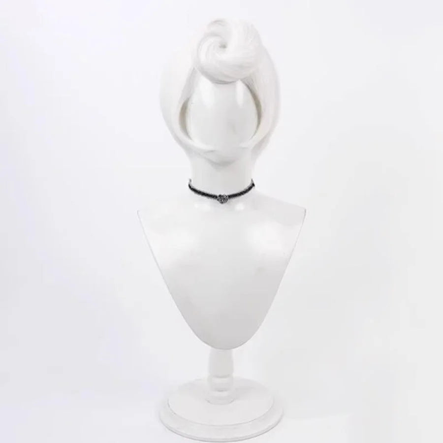 Hazbin Hotel Rosie cosplay wig, short silver hair styled in an updo, on a white mannequin