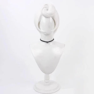 Hazbin Hotel Rosie cosplay wig, short silver hair styled in an updo, on a white mannequin