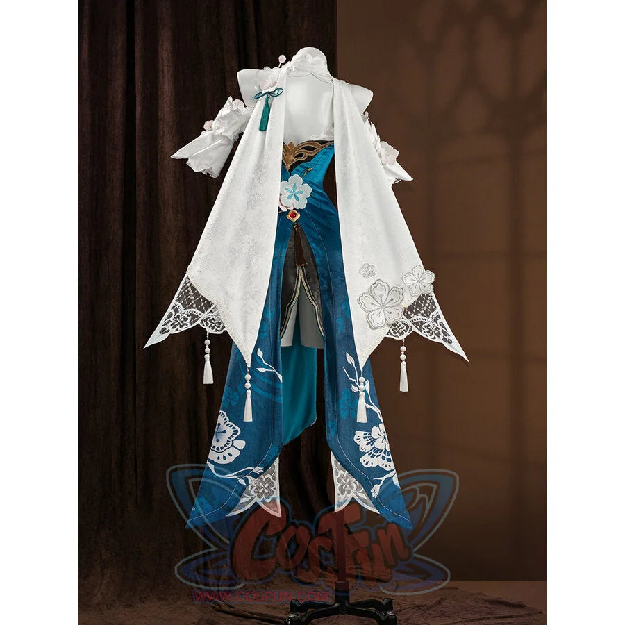 Ruan Mei cosplay costume back view, showing the rear of the teal dress and wide white lace sleeves with floral embroidery.