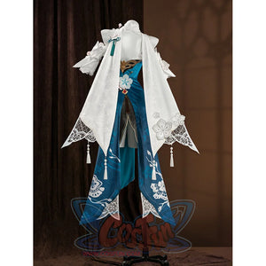 Ruan Mei cosplay costume back view, showing the rear of the teal dress and wide white lace sleeves with floral embroidery.