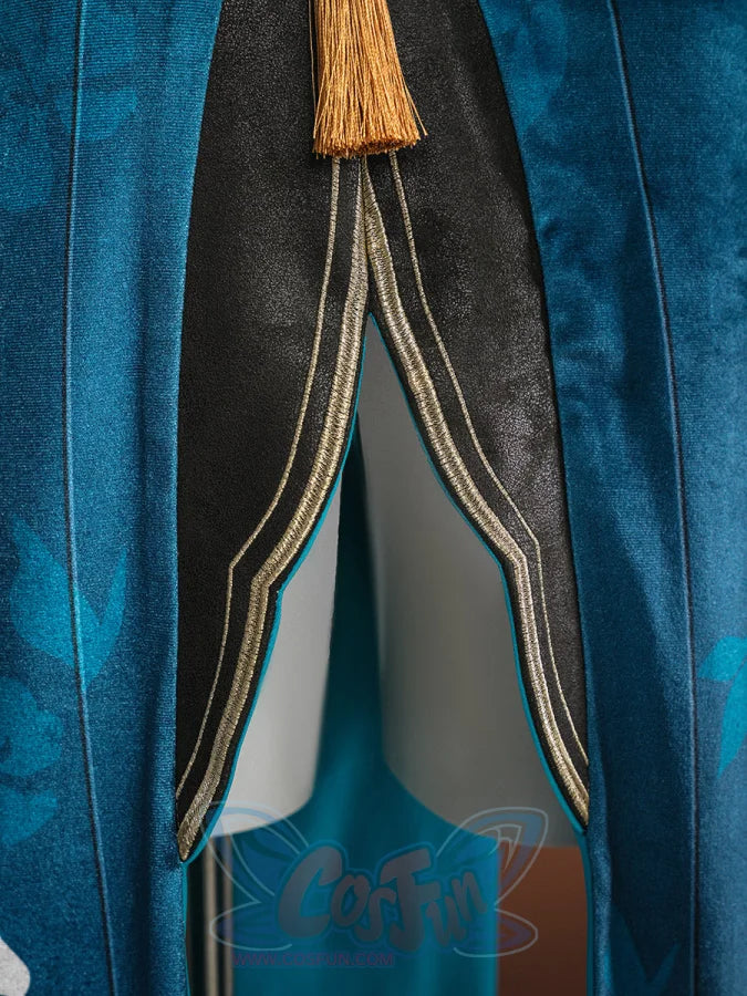 Ruan Mei cosplay costume front slit showing black inner panel with gold-trimmed chevron design and a gold tassel at the top.