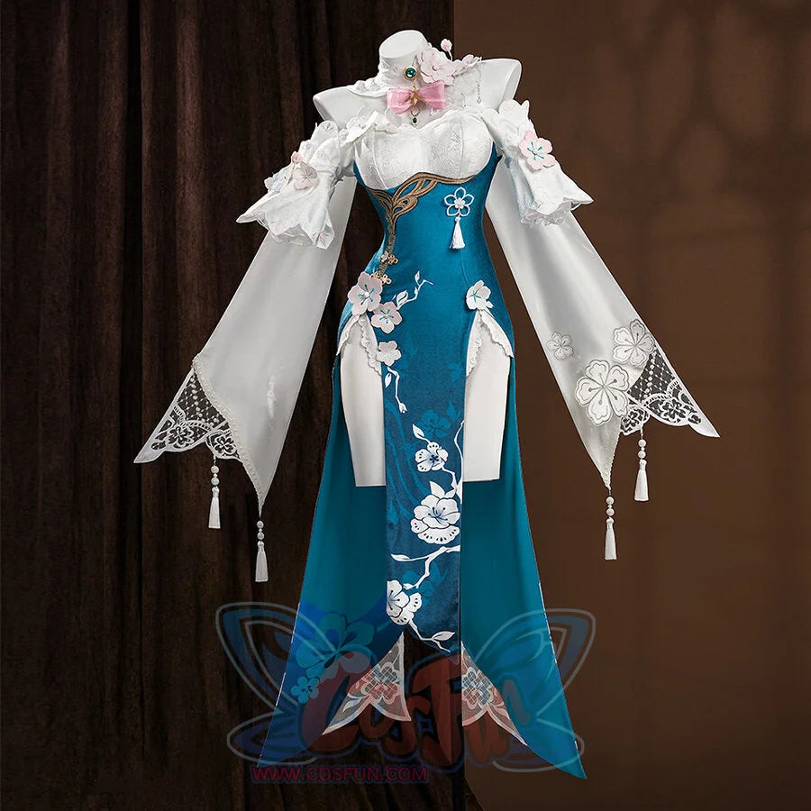 Ruan Mei cosplay costume displayed on a mannequin, featuring a teal dress with white floral sleeves and pink flower details.