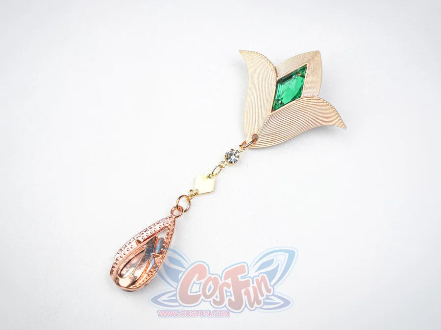 Ruan Mei cosplay costume gold leaf brooch with a green diamond gem and rose gold teardrop pendant hanging below.