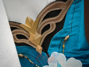 Ruan Mei cosplay costume decorative gold half-mask with geometric diamond shapes and brown curved ridges on a black base.