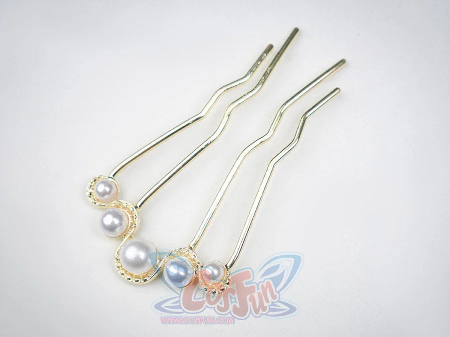 Ruan Mei cosplay costume gold U-shaped hair pins with pearl tops in beaded gold settings, shown on a white background.
