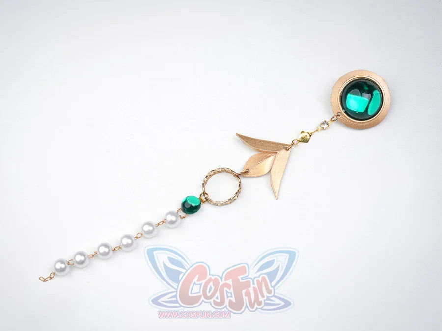 Ruan Mei cosplay costume accessory set including a green gem gold brooch, gold leaf charm, and pearl bead chain bracelet.