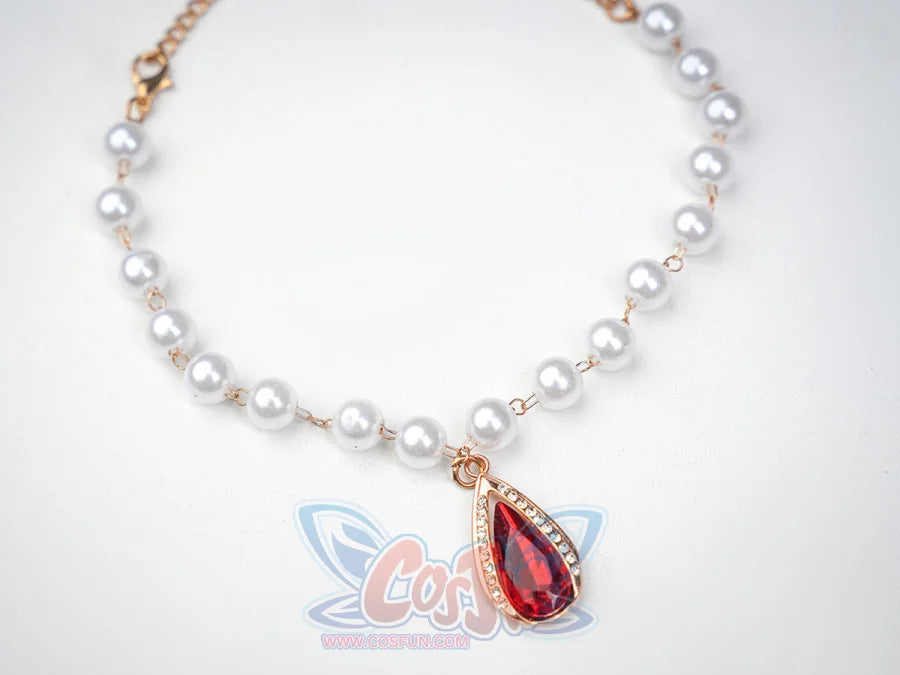 Ruan Mei cosplay costume pearl bead bracelet with a gold teardrop pendant featuring a large red gemstone and crystal trim.