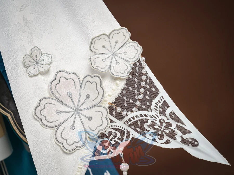 Ruan Mei cosplay costume white sleeve with embroidered plum blossoms, pearl bead trim, and floral lace at the border.