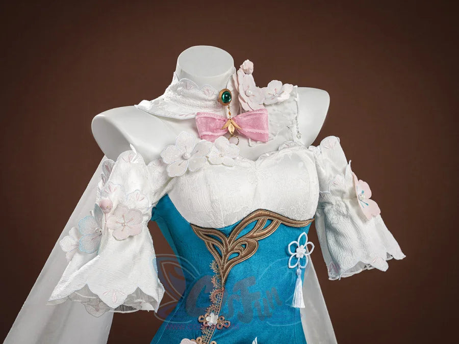 Ruan Mei cosplay costume torso view with white collar, green brooch, pink bow, teal bodice, gold trim, and floral sleeves.