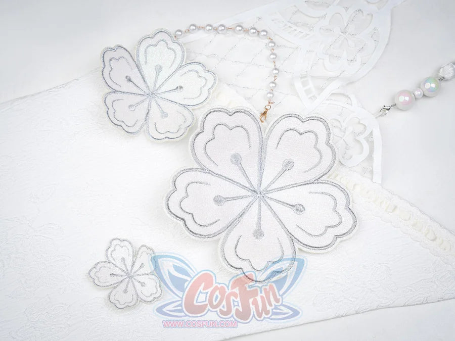 Ruan Mei cosplay costume white plum blossom fabric applique patches with silver embroidery, shown with a pearl bead chain.