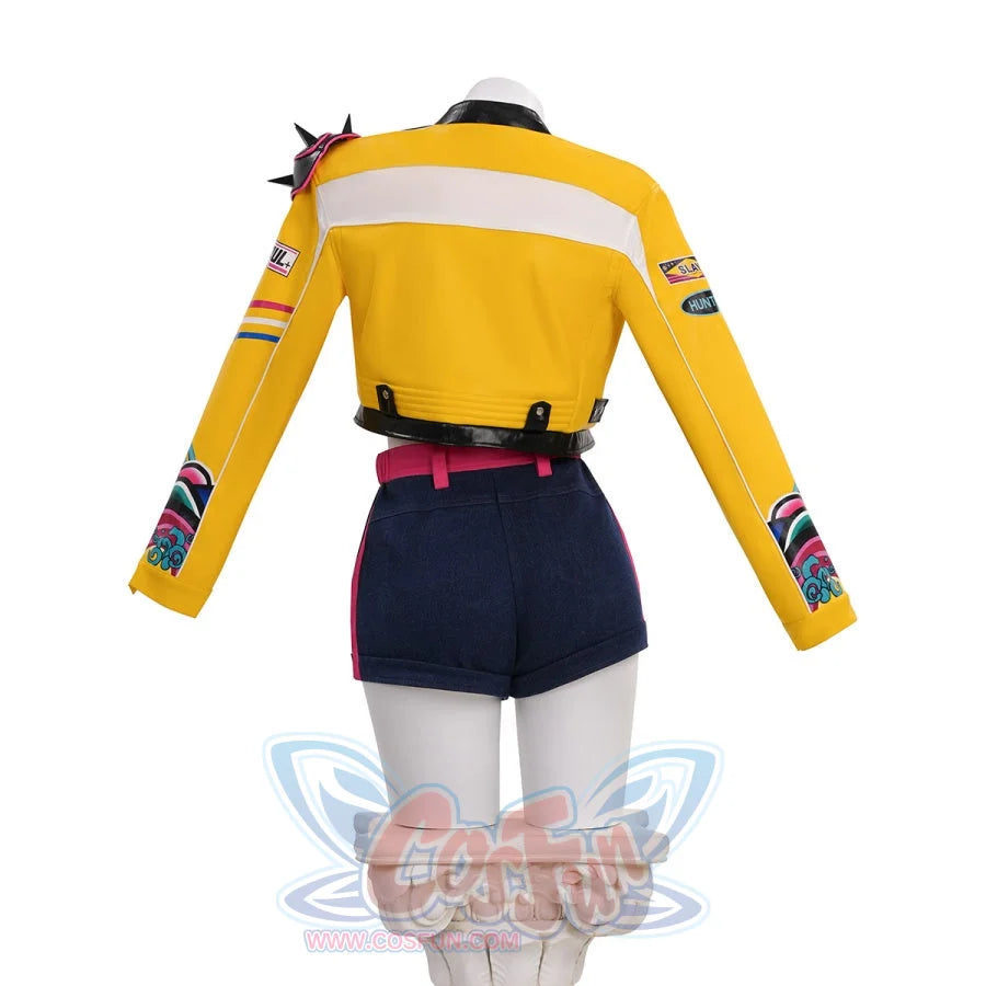 Rumi cosplay costume from KPop Demon Hunters HUNTR/X, featuring a yellow cropped jacket, white crop top, and denim shorts in a bold streetwear style.