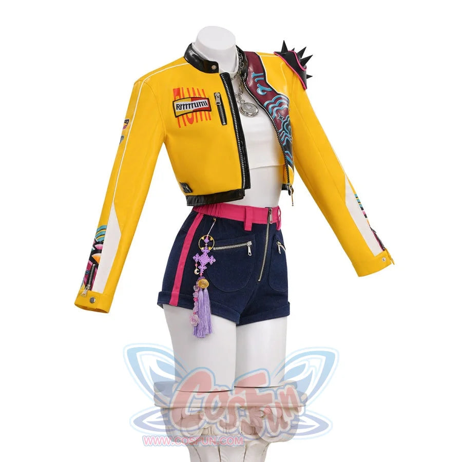 Rumi cosplay costume from KPop Demon Hunters HUNTR/X, featuring a yellow cropped jacket, white crop top, and denim shorts in a bold streetwear style. 