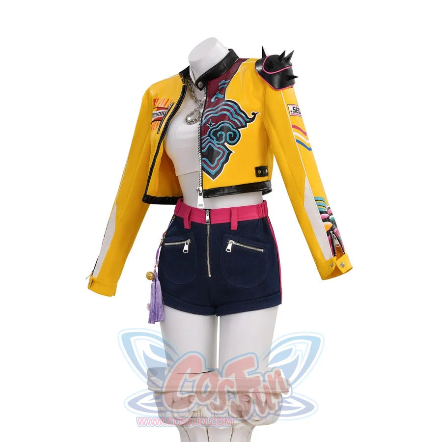Cosplayer wearing Rumi cosplay costume with yellow jacket, crop top, and shorts in a KPop streetwear-inspired look.