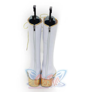Rear display of Rumi cosplay boots, emphasizing the zippers, white finish, and gold - accented heels.
