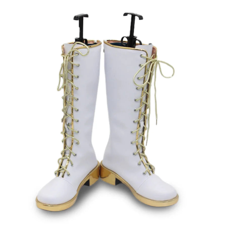 A pair of white Rumi cosplay boots with gold - accented laces and chunky gold heels, presented from the front to showcase the tall, lace - up design.