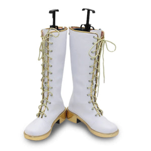 A pair of white Rumi cosplay boots with gold - accented laces and chunky gold heels, presented from the front to showcase the tall, lace - up design.