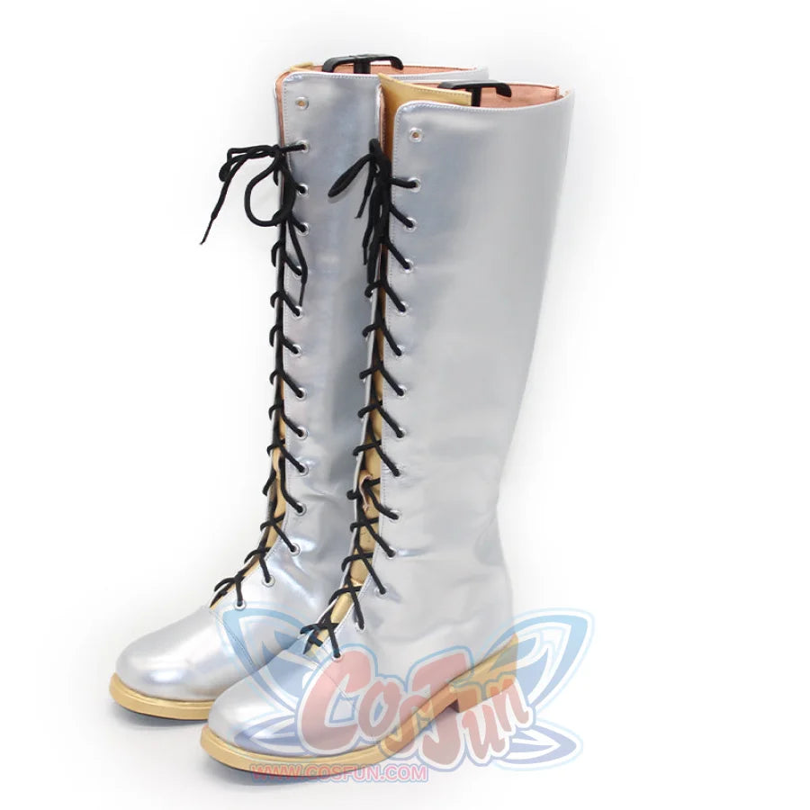 Front display of silver - colored Rumi cosplay boots with black laces and beige soles, showcasing the tall, lace - up design.