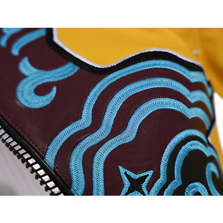 Rumi Cosplay Costume, blue patterns embroidered on a brown PU leather base.