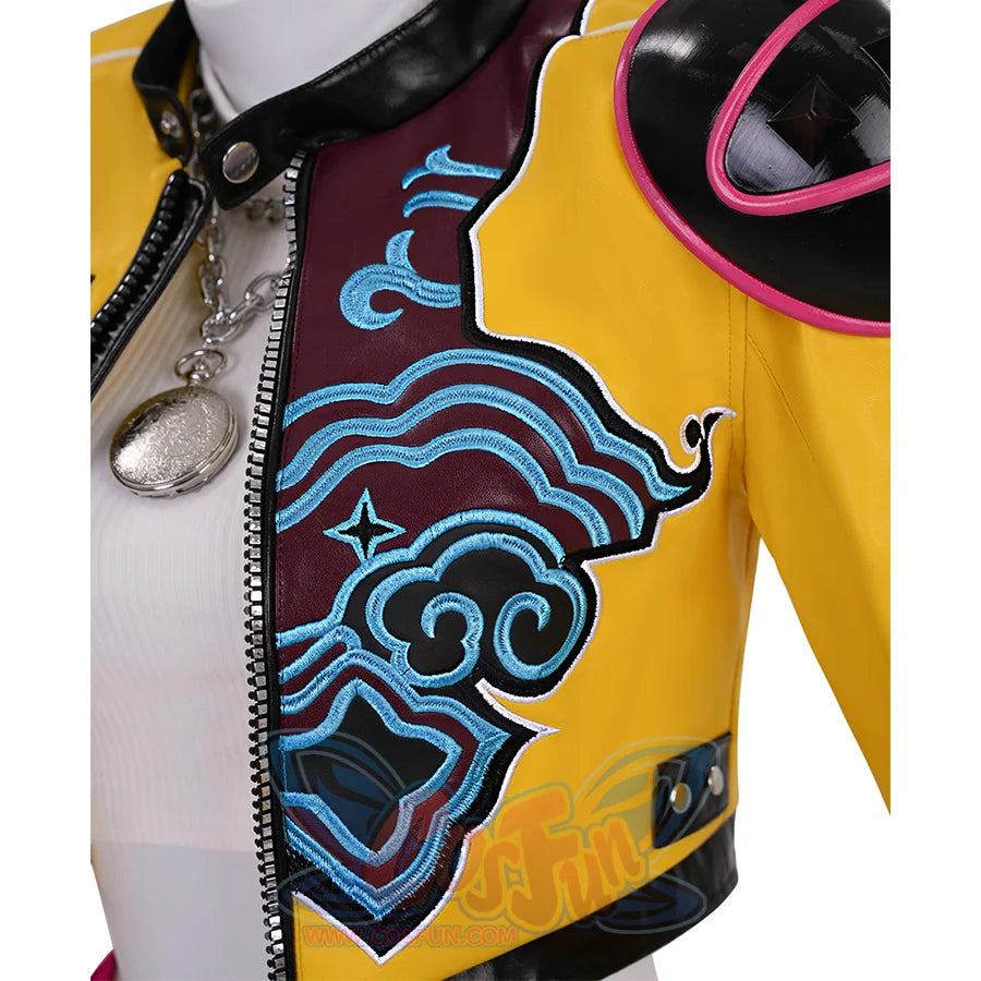 Rumi Cosplay Costume, features blue cloud pattern embroidery, left side of coat.