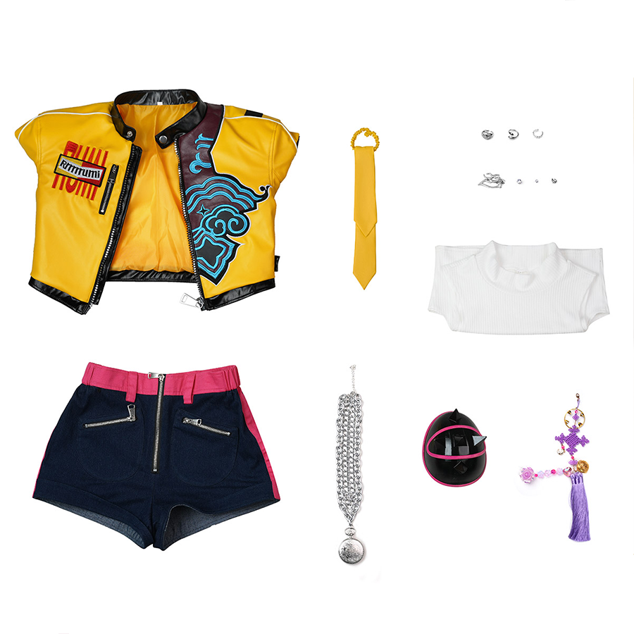 Rumi cosplay costume, includes coat, undergarment, shorts, earrings, rings, necklace, shoulder armor, pendant, hair tie.
