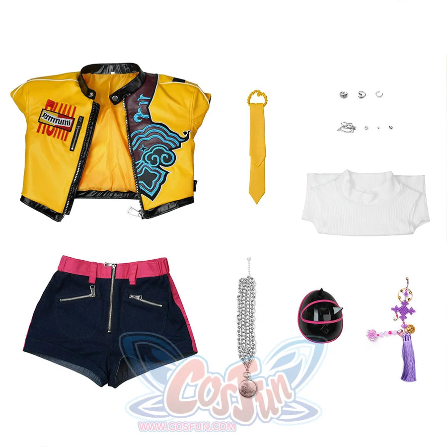 Rumi cosplay costume, includes coat, undergarment, shorts, earrings, rings, necklace, shoulder armor, pendant, hair tie.