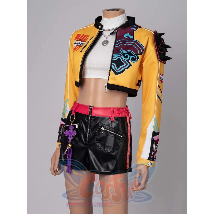 Angled perspective of Rumi’s cosplay costume, highlighting the jacket’s prints, spiked shoulder detail, and short accessories.