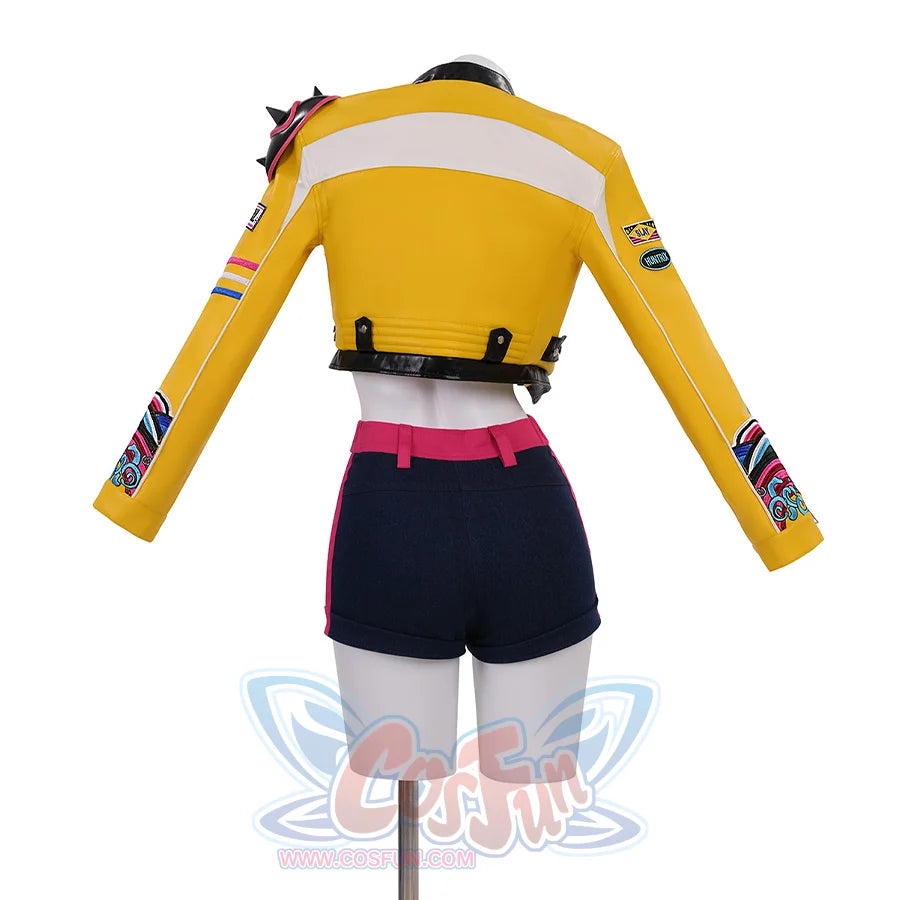 Rumi Cosplay Costume, main color are yellow and black, with some embroidery, back view.