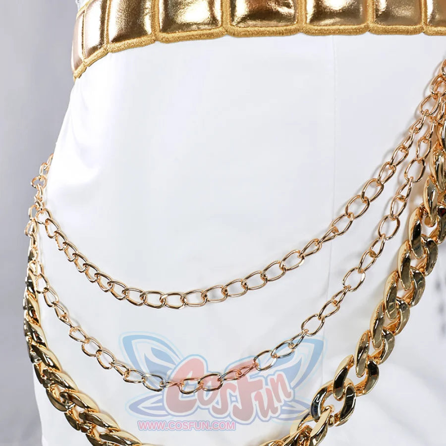 Features the multi - layered gold chains hanging from Rumi’s belt, adding a touch of luxury to the white shorts.