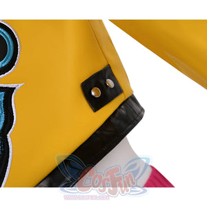 Rumi Cosplay Costume, black PU leather squares are stitched along the sides, with two buttons sewn on them.