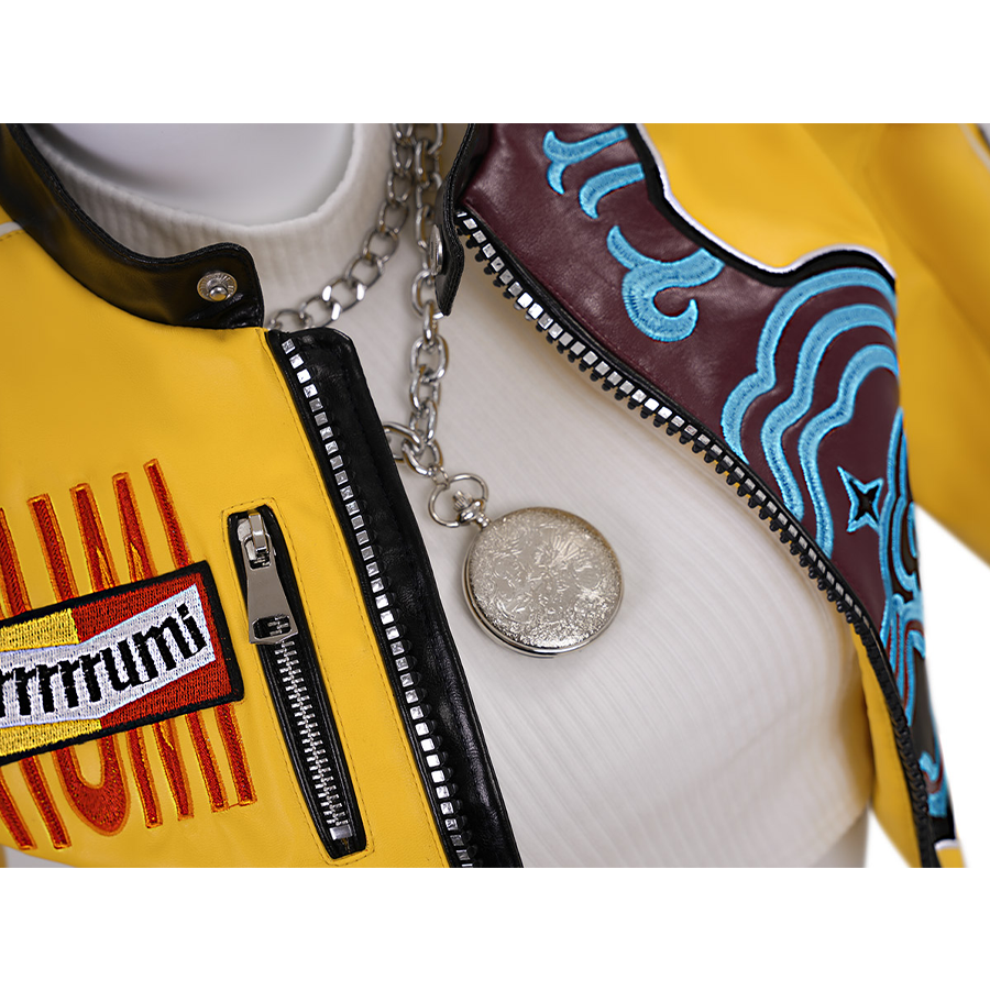 Rumi Cosplay Costume, features a silver metallic closed-end zipper.