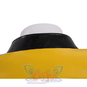 Rumi cosplay costume, stand-up black PU leather collar, back view.