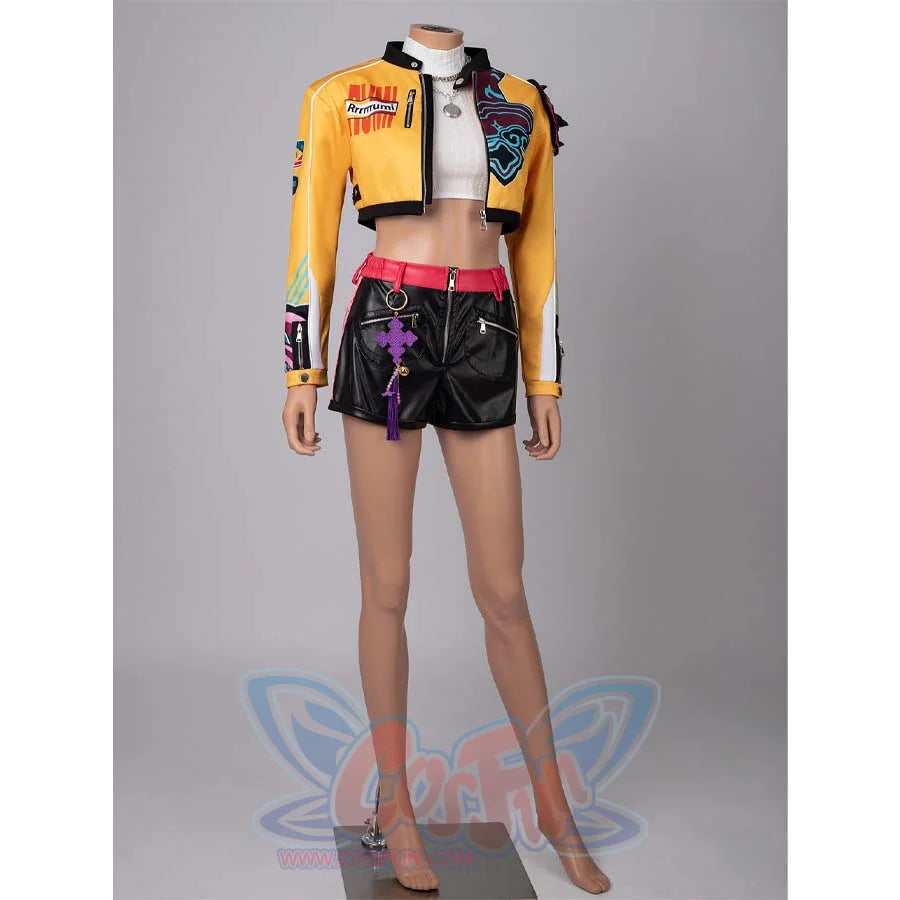 Full - body display of Rumi’s cosplay costume against a grey backdrop, showcasing the yellow jacket, white crop top, and black shorts with red details.