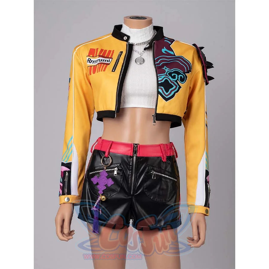 Mannequin dressed in Rumi’s full cosplay outfit, emphasizing the yellow jacket’s prints, spiked shoulder, and short accessories.