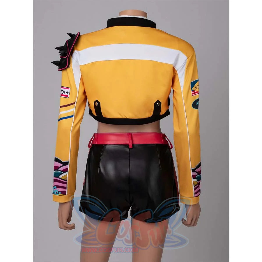 Back display of Rumi’s cosplay costume, showcasing the yellow jacket’s back design, white stripes, and black shorts with red accents.